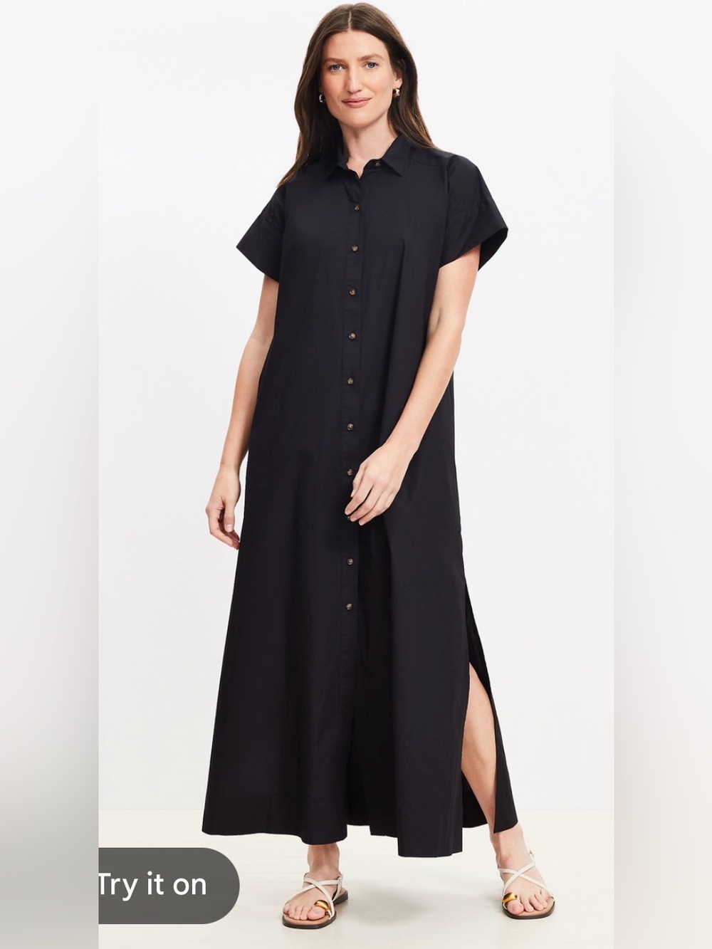 LOFT Black Button-Front Poplin Maxi Shirt Dress